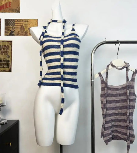 Retro Women's Summer Purple Striped Slim Sexy Knit Vest Tops Korean Ladies Blue Patchwork Sleeveless Short Pullover Tank Popular