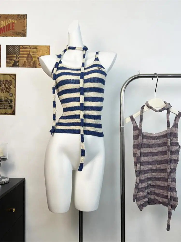 Retro Women's Summer Purple Striped Slim Sexy Knit Vest Tops Korean Ladies Blue Patchwork Sleeveless Short Pullover Tank Popular