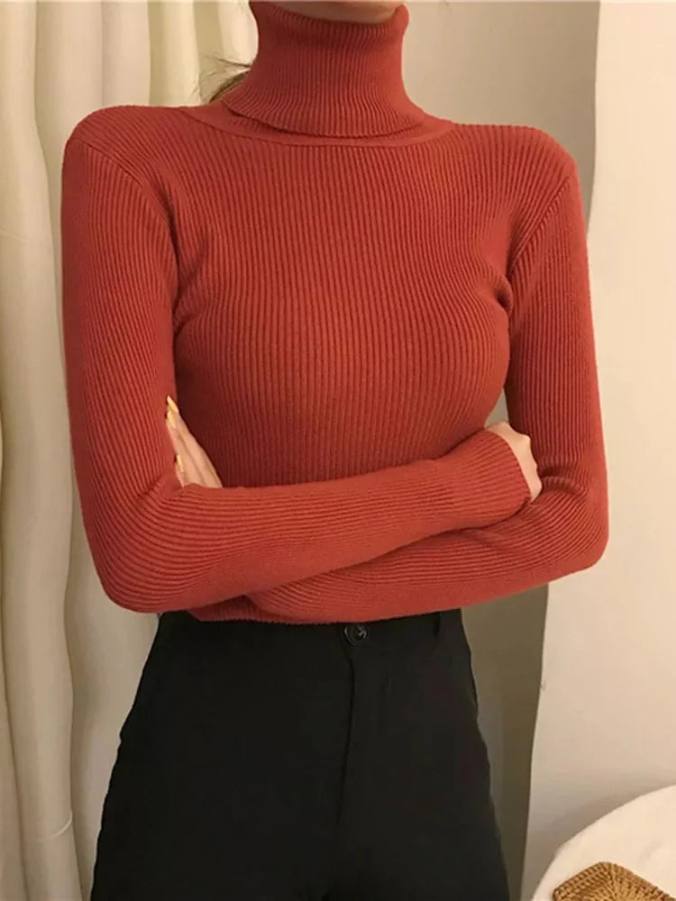 New 2025 Women Pullover Turtleneck Sweater Autumn Long Sleeve Slim Elastic Korean Simple Basic Cheap Jumper Solid Color Top
