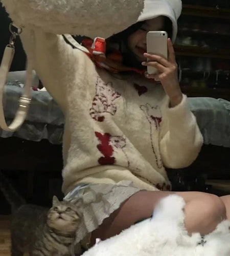 2025 Japanese Cartoon Sweet Kawaii Cat Women Sweaters Winter Grunge Loose Pullovers Y2k Aesthetic Loose Vintage Knitted Jumpers