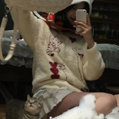 Load image into Gallery viewer, 2025 Japanese Cartoon Sweet Kawaii Cat Women Sweaters Winter Grunge Loose Pullovers Y2k Aesthetic Loose Vintage Knitted Jumpers
