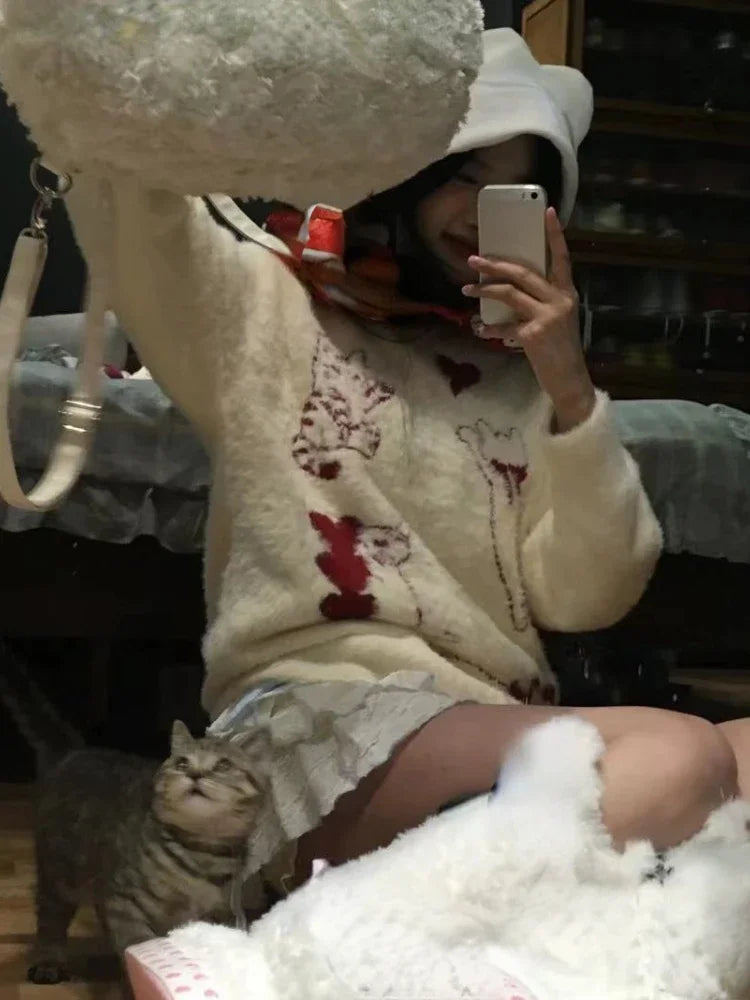 2025 Japanese Cartoon Sweet Kawaii Cat Women Sweaters Winter Grunge Loose Pullovers Y2k Aesthetic Loose Vintage Knitted Jumpers