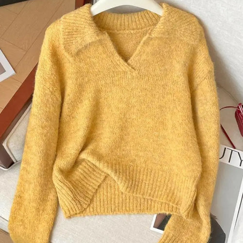 Load image into Gallery viewer, Korean Style Autumn Winter Yellow Elegant Long Sleeves Knit Cotton Sweater Women's Lapel Pullover Short Tops Popular Simplicity
