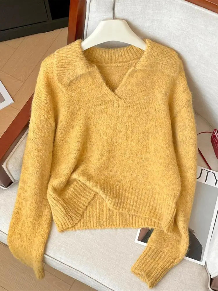 Korean Style Autumn Winter Yellow Elegant Long Sleeves Knit Cotton Sweater Women's Lapel Pullover Short Tops Popular Simplicity