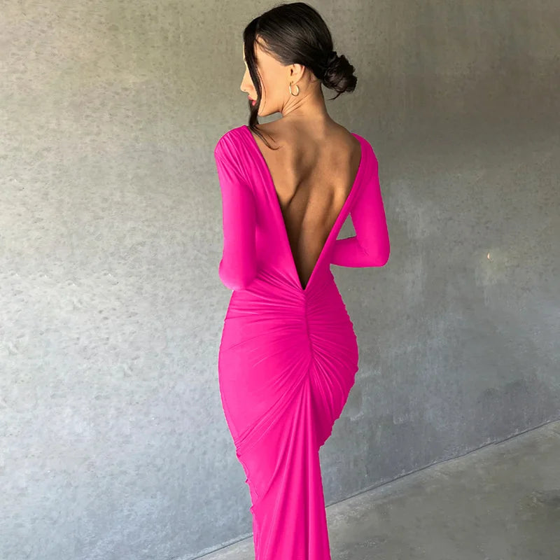 Deep V Neck Ruched Maxi Dress Women Gown Autumn New Long Sleeve Backless Bodycon Sexy Party Evening Dress Vestidos