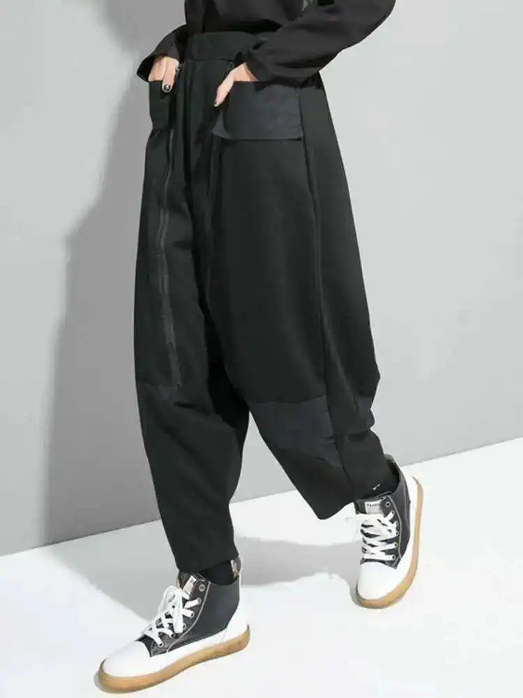 High Elastic Waist Black Zipper Spliced Harem Pants New Loose Fit Trousers Women Fashion Tide Spring Autumn 2025 1DF5321