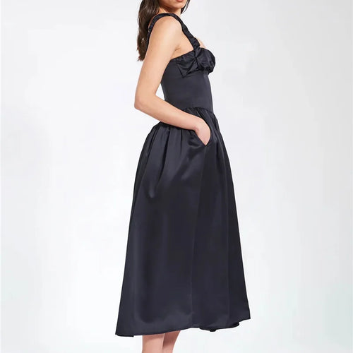 Load image into Gallery viewer, Elegant Satin Backless Midi Dress For Women High Quality Sundress Fashion Square Collar Sleeveless Loose Pleated Dress
