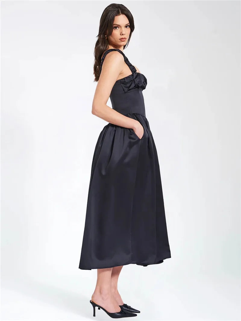 Elegant Satin Backless Midi Dress For Women High Quality Sundress Fashion Square Collar Sleeveless Loose Pleated Dress