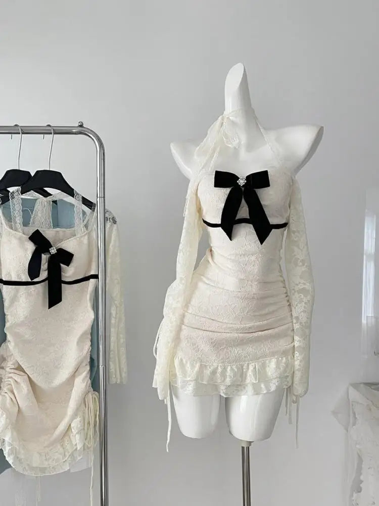 Autumn Winter Fashion Beige Lace Elegant Slim Birthday Party Dresses For Women's New Long Sleeves Ruffles Bow Halter Short Dress