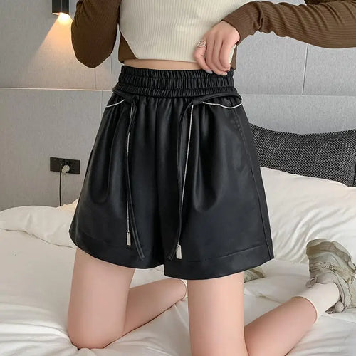 Load image into Gallery viewer, Autumn Winter Black Brown High Waist Drawstring Lace-up Leather Shorts Women&#39;s Korean Version Loose Versatile Casual Short Pant
