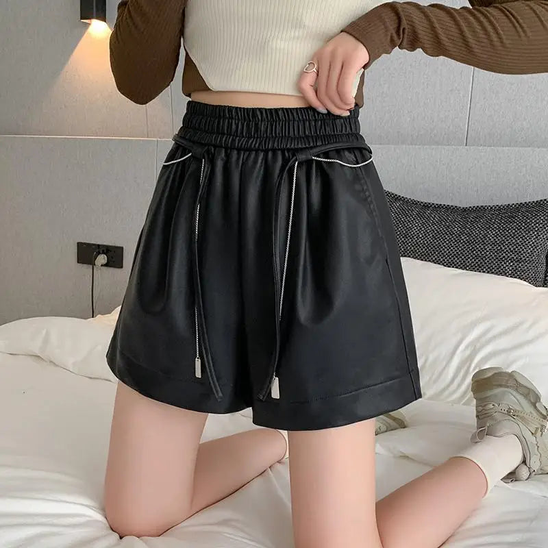 Autumn Winter Black Brown High Waist Drawstring Lace-up Leather Shorts Women's Korean Version Loose Versatile Casual Short Pant