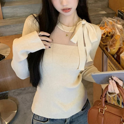 Load image into Gallery viewer, y2k Fairycore Top Women Clothing Solid Color Tie Bow Round Neck Long Sleeve Knitted T Shirt 2000s Clothes Streetwear
