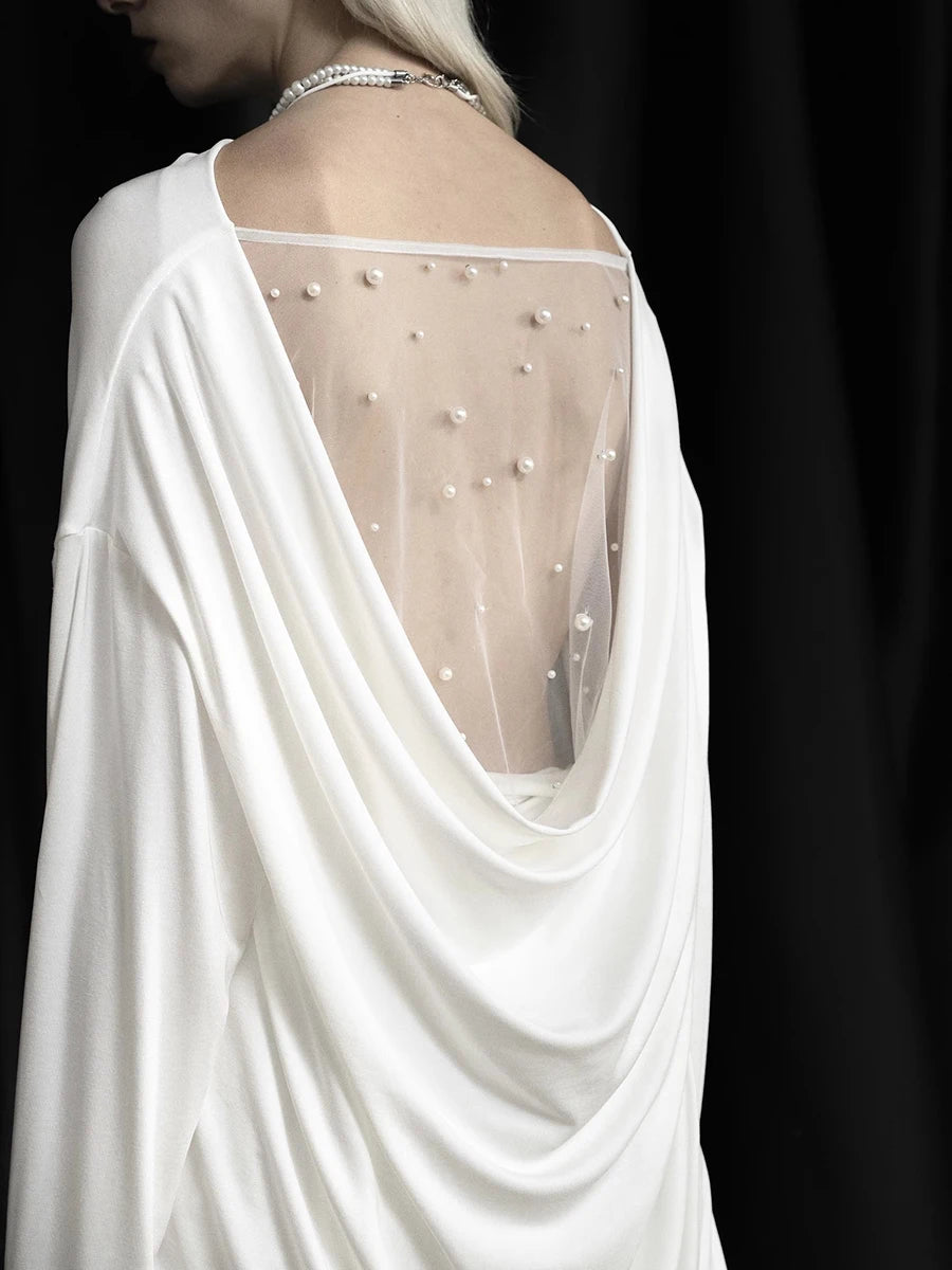 Solid Spliced Lace Loose T Shirts For Women Irregular Long Sleeve Minimalsit T Shirt Female Fashion Style Clothes