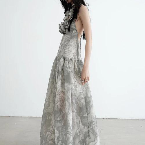 Load image into Gallery viewer, Women Gray Ruffled Backless Elegant Long Strapless Dress New Halter Sleeveless Fashion Tide Spring Autumn 2025 1DJ0014
