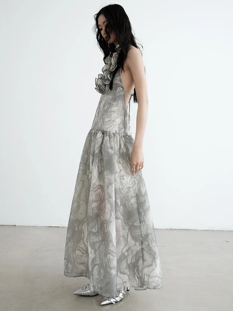 Women Gray Ruffled Backless Elegant Long Strapless Dress New Halter Sleeveless Fashion Tide Spring Autumn 2025 1DJ0014