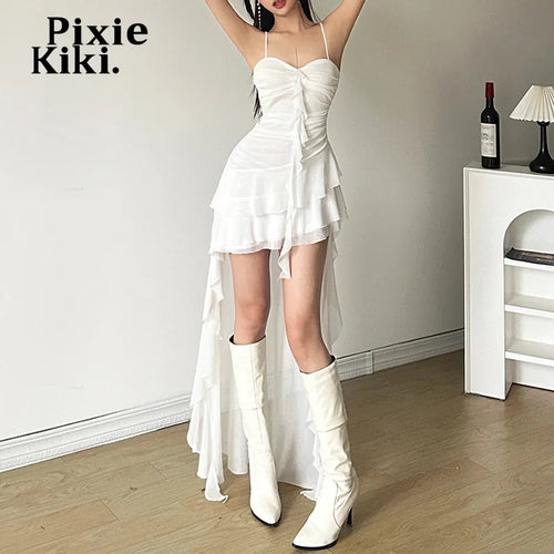 Load image into Gallery viewer, Y2k Sexy Mesh Ruffle Irregular High Low Dress White Black Sleeveless Long Dresses Summer Clothes Women 2024 P94-EZ30
