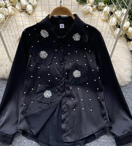 French Retro White Bead Sequin Single Breasted Long Sleeved Women's Shirt Autumn 2024 New Black Embroidered Flower Blouses Tops