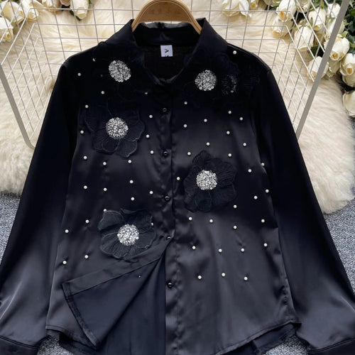 Load image into Gallery viewer, French Retro White Bead Sequin Single Breasted Long Sleeved Women's Shirt Autumn 2024 New Black Embroidered Flower Blouses Tops
