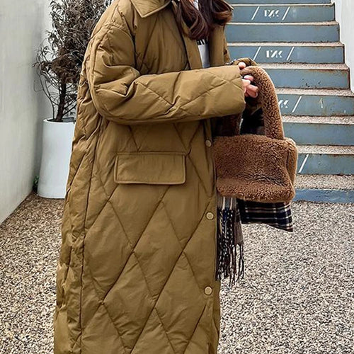 Load image into Gallery viewer, Diamond Plaid Cotton Padded Jacket for Women White Parkas New Detachable Knitted Hat Knee Length Coffee Pink Coat S-L
