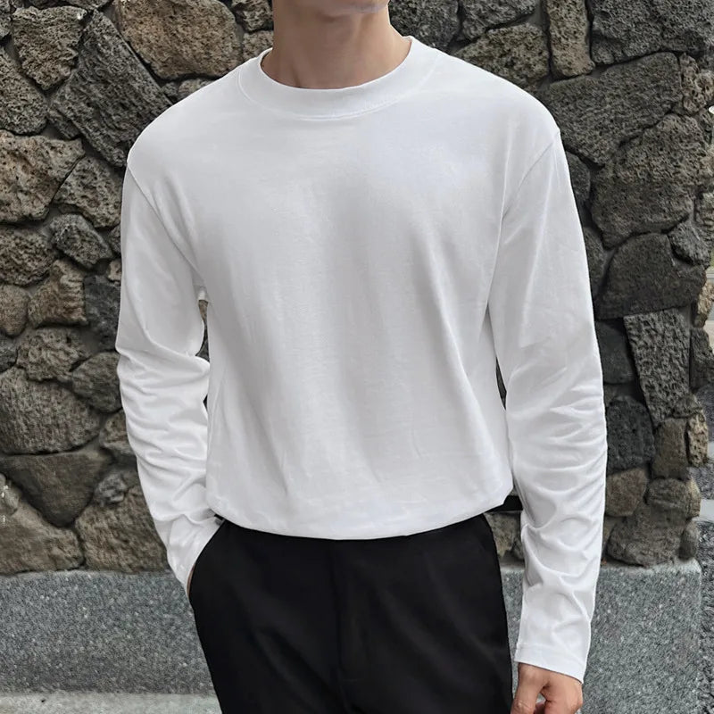 Men's Long Sleeve T-shirts Solid Color Design Korean Round Neck Fashion Loose Top Pullover Male Clothing Spring 9W1569