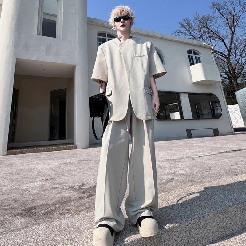 Male Suit Summer Solid Color Short Sleeve Loose Round Neck Single Breasted Men's Set Casual Straight Leg Pants 9W1493