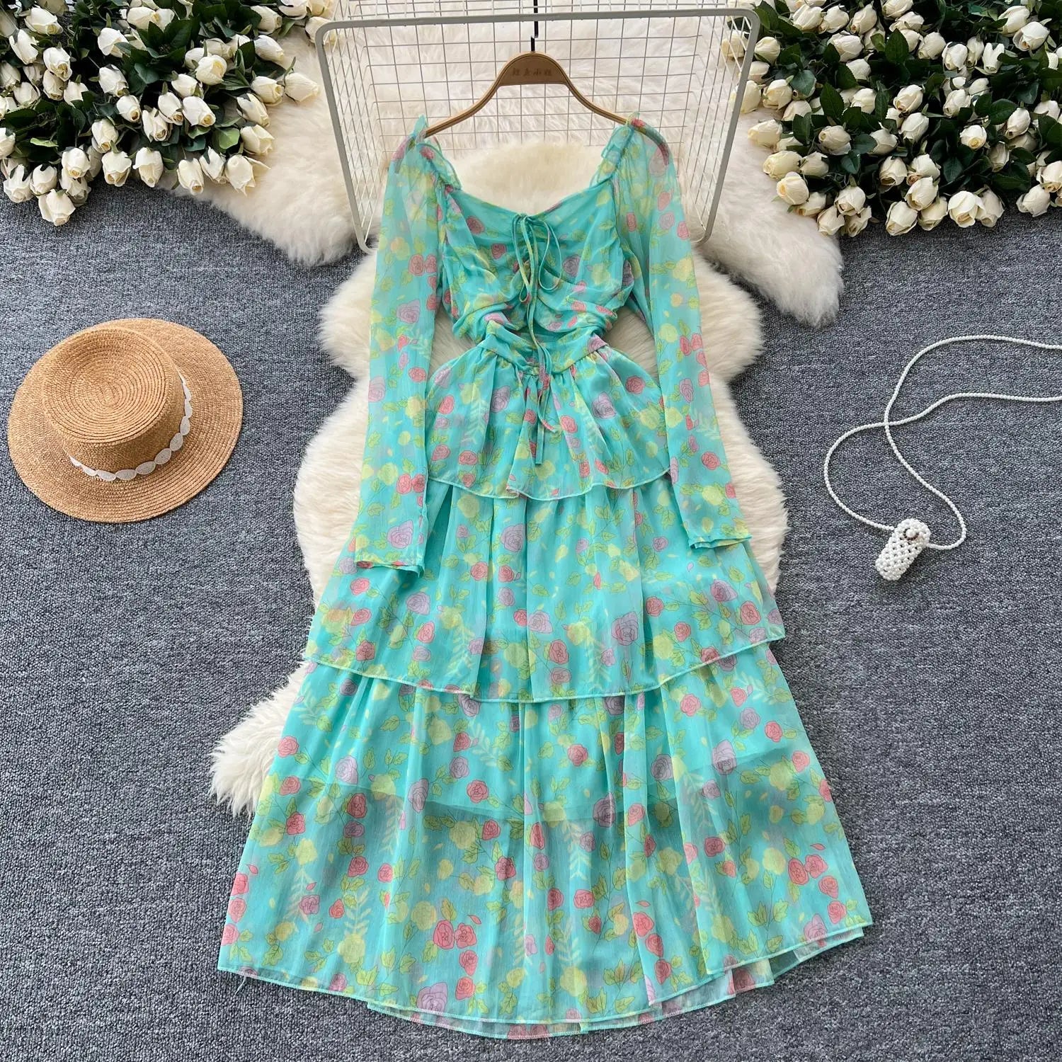 Vintage Autumn Flower Elegant Square Neck Lace-up Cake Dress Women Long Sleeves Festival Pleated Sundress Fashion Bohemian Trend