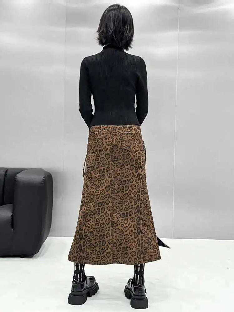 High Waist Leopard Print Pocket Shaped Long Straight Half-body Skirt Women Fashion Tide New Spring Autumn 2025 1DH8336