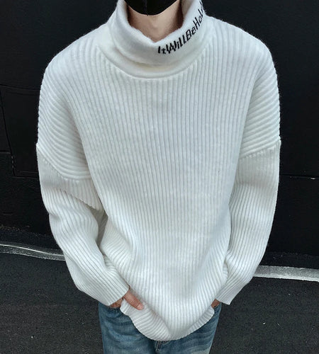 Korean Turtleneck Jacquard Knit Sweater Men Contrast Color Tops High Neck Letter 2024 Pullovers Autumn Winter Trend 9C8928