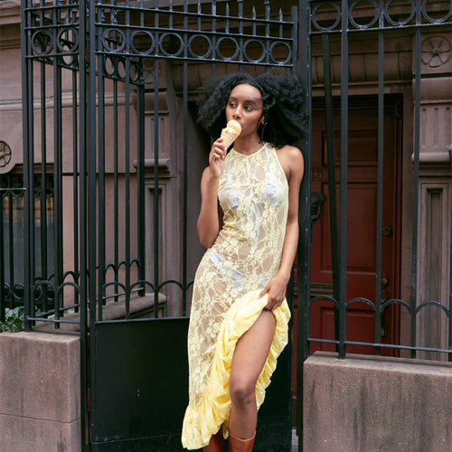 Load image into Gallery viewer, Lace See Through Ruffle Sexy Midi Dress Women Gown Summer Fashion High Waist Slim Thigh High Split Elegant Long Dress
