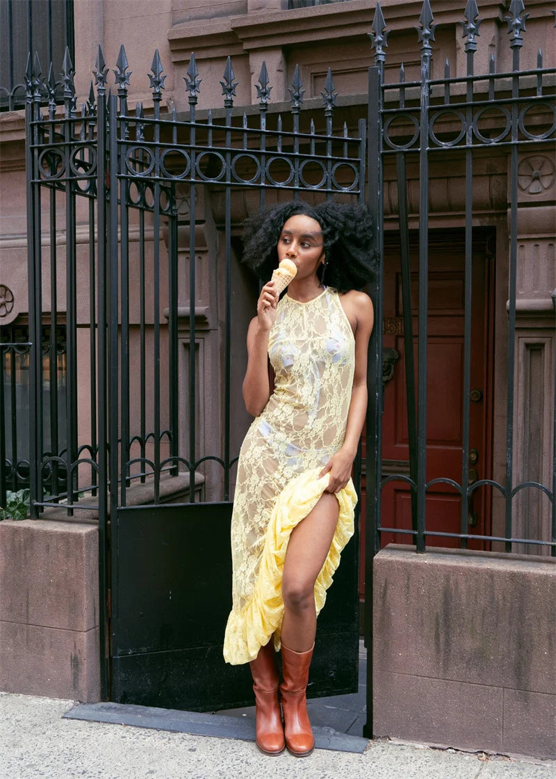 Lace See Through Ruffle Sexy Midi Dress Women Gown Summer Fashion High Waist Slim Thigh High Split Elegant Long Dress