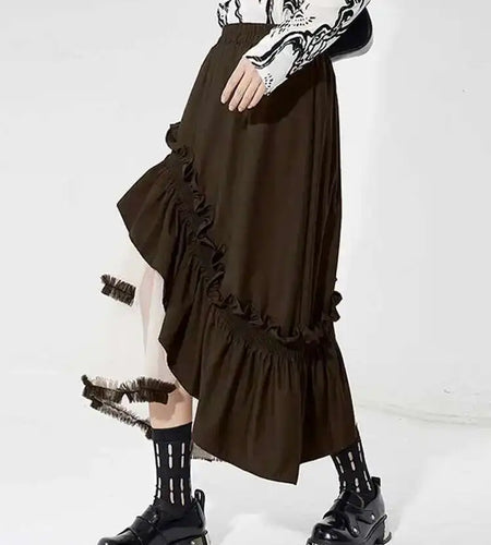 High Elastic Waist Black Irregular Ruffles Mesh A-line Half-body Skirt Women Fashion Tide New Spring Autumn 2025 1DH4926