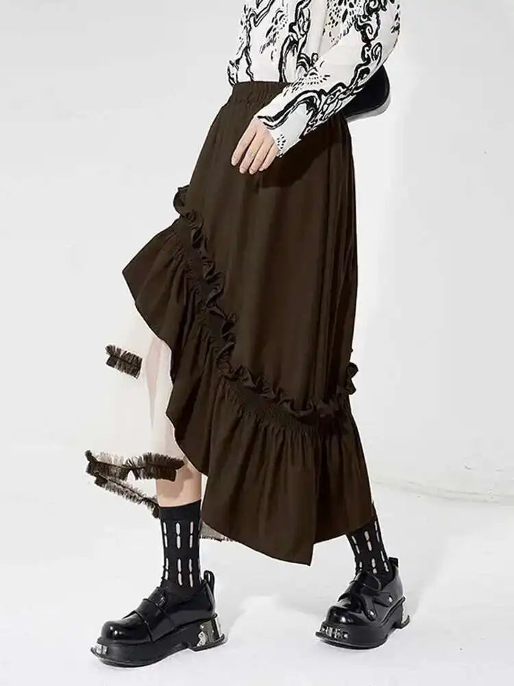 High Elastic Waist Black Irregular Ruffles Mesh A-line Half-body Skirt Women Fashion Tide New Spring Autumn 2025 1DH4926