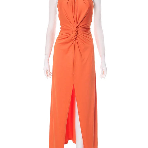 Load image into Gallery viewer, Metal Chain Halter Backless Sexy Maxi Dress Women Orange Off-shoulder Sleeveless Thigh High Split Club Long Dress
