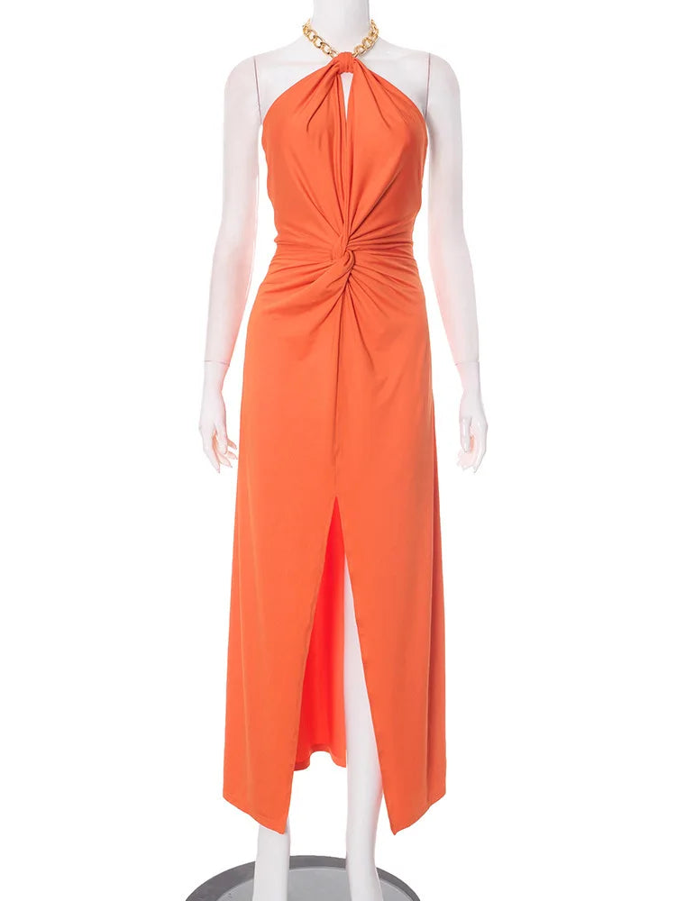 Metal Chain Halter Backless Sexy Maxi Dress Women Orange Off-shoulder Sleeveless Thigh High Split Club Long Dress