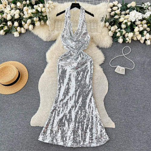 Load image into Gallery viewer, Summer 2023 Retro Elegant Silver Sequins Backless Birthday Party Long Sundress Women Sexy Club Sleeveless Wrap Hip Evening Dress
