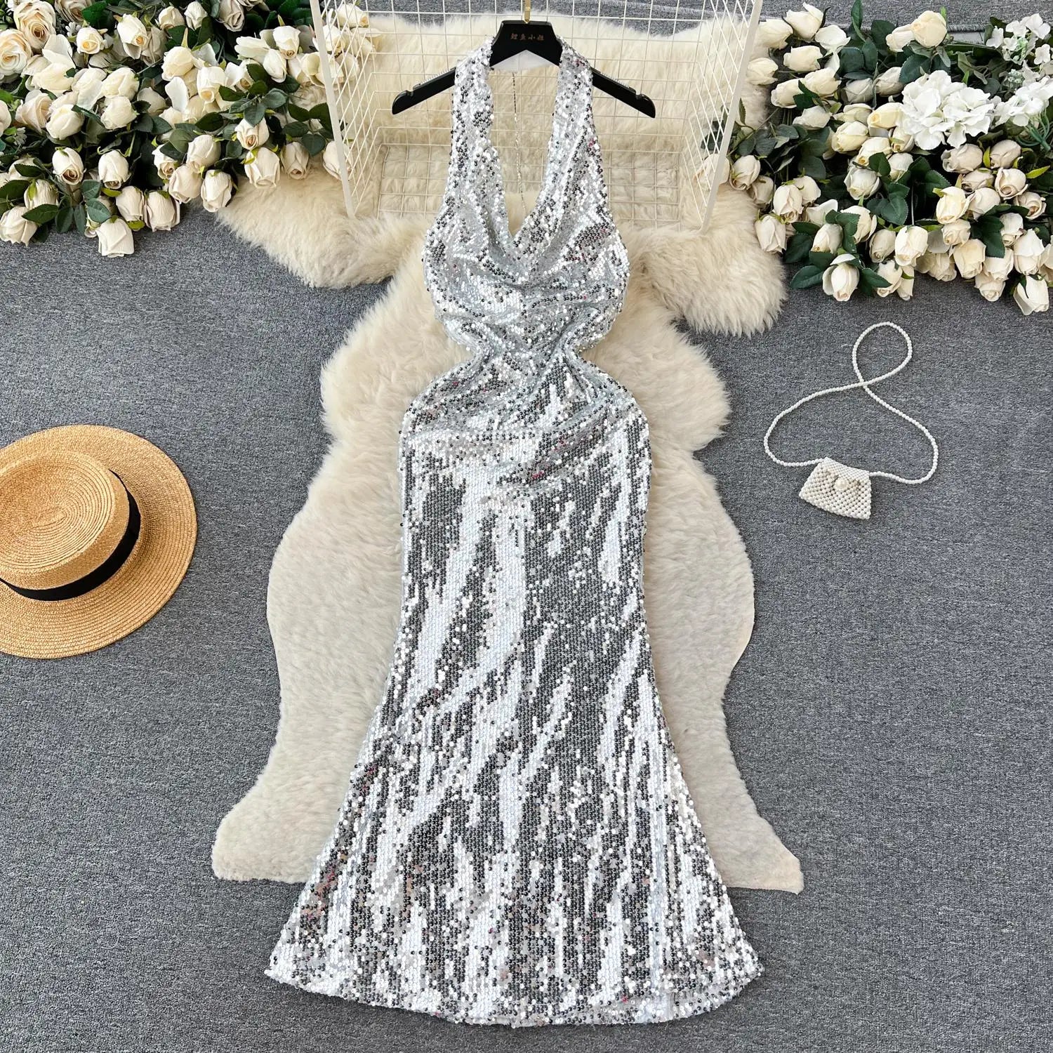 Summer 2023 Retro Elegant Silver Sequins Backless Birthday Party Long Sundress Women Sexy Club Sleeveless Wrap Hip Evening Dress