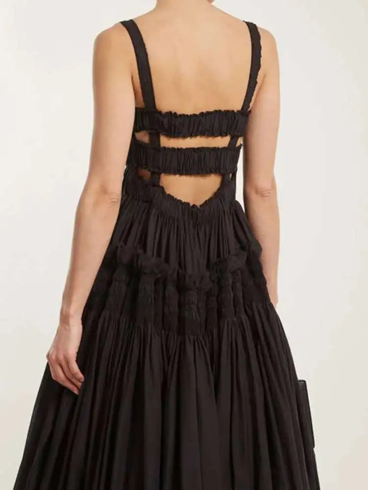 Women White Sling Backless Pleated Shrink Waist Slim Vintage Dress New Square Collar Fashion Spring Autumn 2025 JF54801