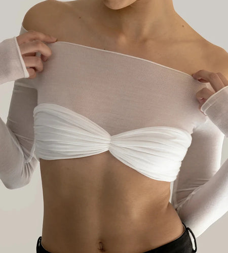 See Through Mesh Crop Top Women Pullovers Strapless Short Knit Cropped Tops Ladies Tee Shirt Sexy Off-shoulder T-shirt