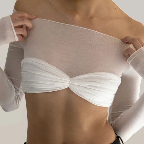 Load image into Gallery viewer, See Through Mesh Crop Top Women Pullovers Strapless Short Knit Cropped Tops Ladies Tee Shirt Sexy Off-shoulder T-shirt
