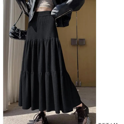 Load image into Gallery viewer, Vintage Women Solid High Waist Versatile Pleated A-line Long Skirts 2024 Autumn Winter French Sweet Cake Knit Skirt Streetwear
