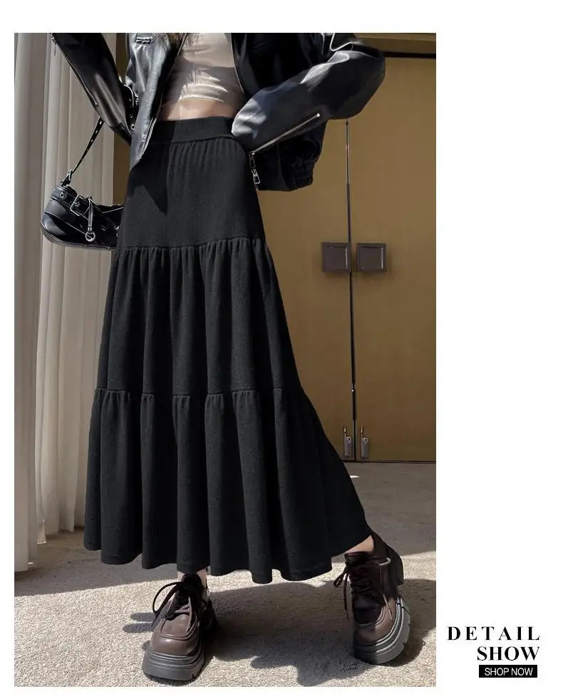 Vintage Women Solid High Waist Versatile Pleated A-line Long Skirts 2024 Autumn Winter French Sweet Cake Knit Skirt Streetwear