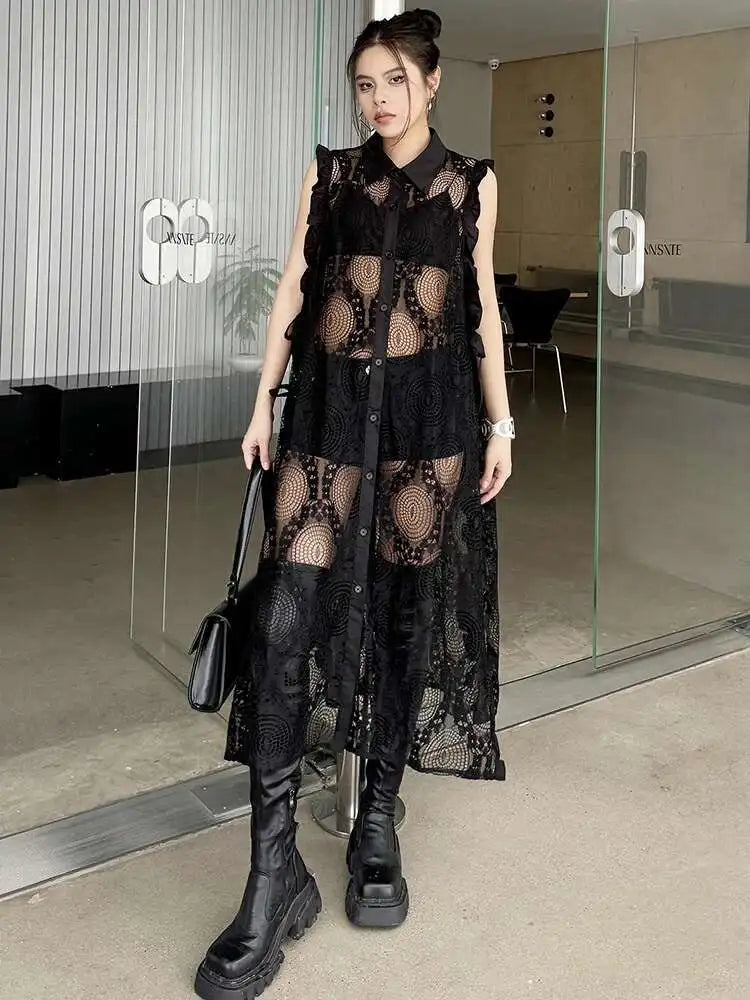 Women White Lace Perspective Ruffles Big Size Shirt Dress New Lapel Sleeveless Fashion Tide Spring Summer 2025 1DH6069