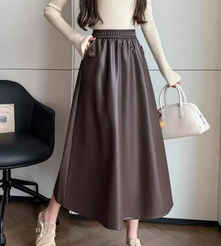 Autumn Winter French Vintage Brown Temperament Pu Leather Skirts For Woman Black Slim Elegant High Waisted Pleated Skirt Fashion