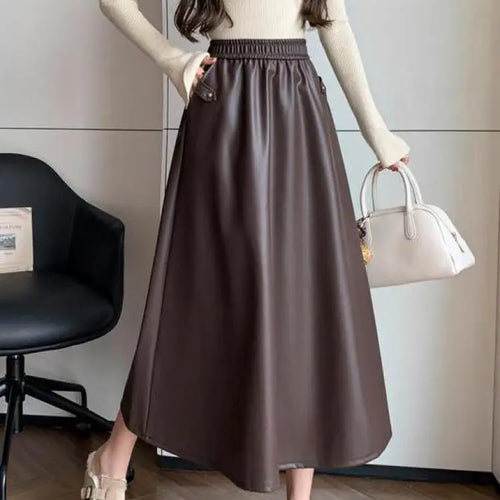 Load image into Gallery viewer, Autumn Winter French Vintage Brown Temperament Pu Leather Skirts For Woman Black Slim Elegant High Waisted Pleated Skirt Fashion
