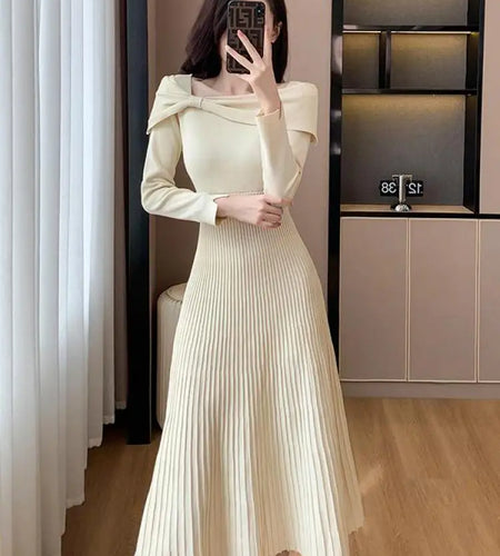 Black Elegant Long Sleeve Knit Dress Women Autumn Beige Bow French Fashion Slim Casual Ladies Midi Red Party Dresses Simplicity