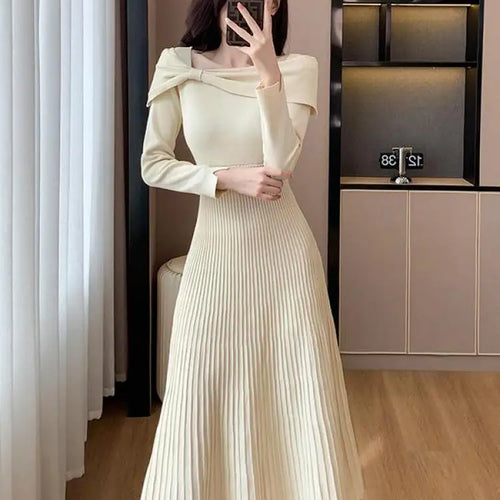 Load image into Gallery viewer, Black Elegant Long Sleeve Knit Dress Women Autumn Beige Bow French Fashion Slim Casual Ladies Midi Red Party Dresses Simplicity
