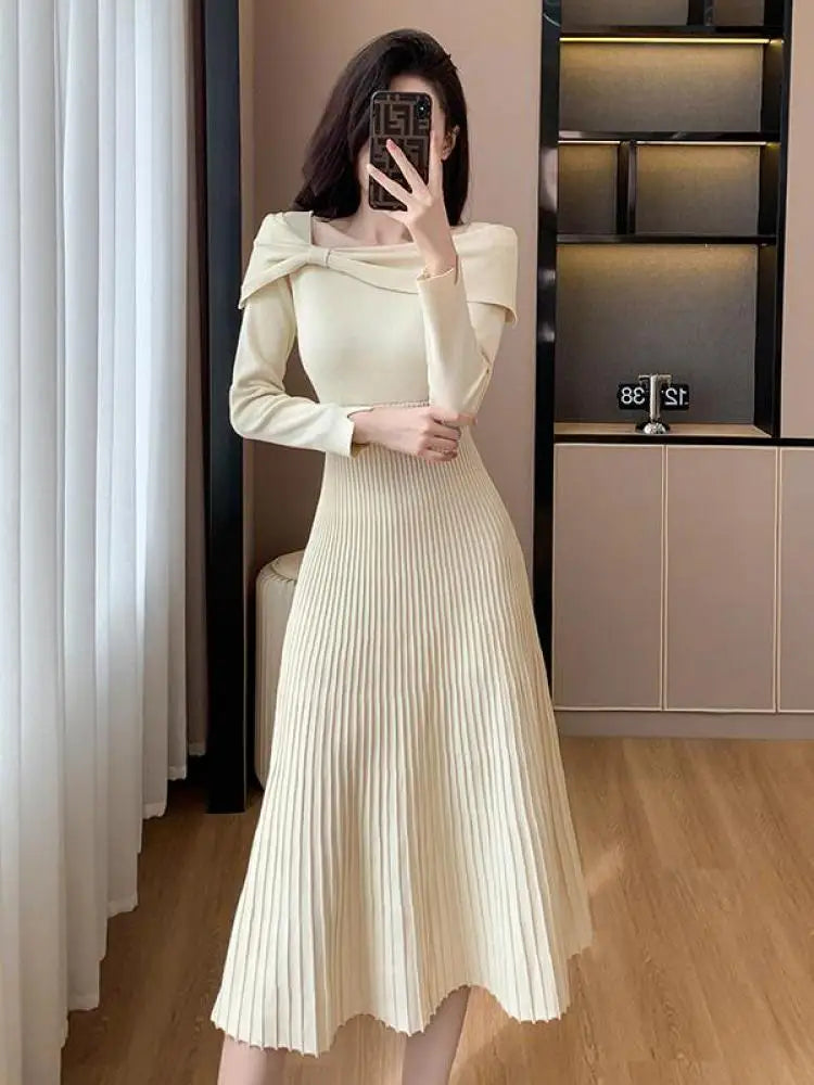 Black Elegant Long Sleeve Knit Dress Women Autumn Beige Bow French Fashion Slim Casual Ladies Midi Red Party Dresses Simplicity