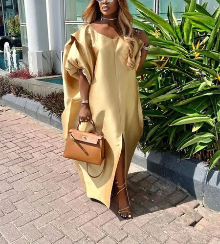 Evening Prom Pleated Long Dresses for Women Summer Puff Sleeves V-neck Woman Split-front Loose Maxi Dresses