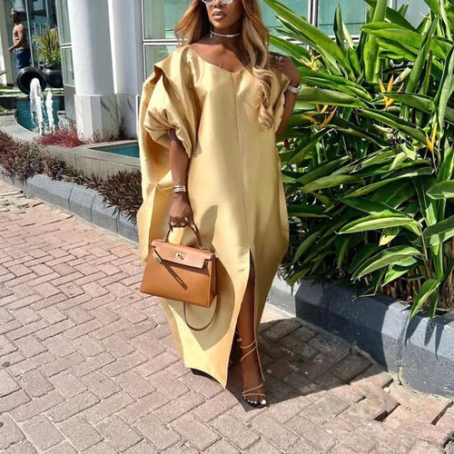 Load image into Gallery viewer, Evening Prom Pleated Long Dresses for Women Summer Puff Sleeves V-neck Woman Split-front Loose Maxi Dresses
