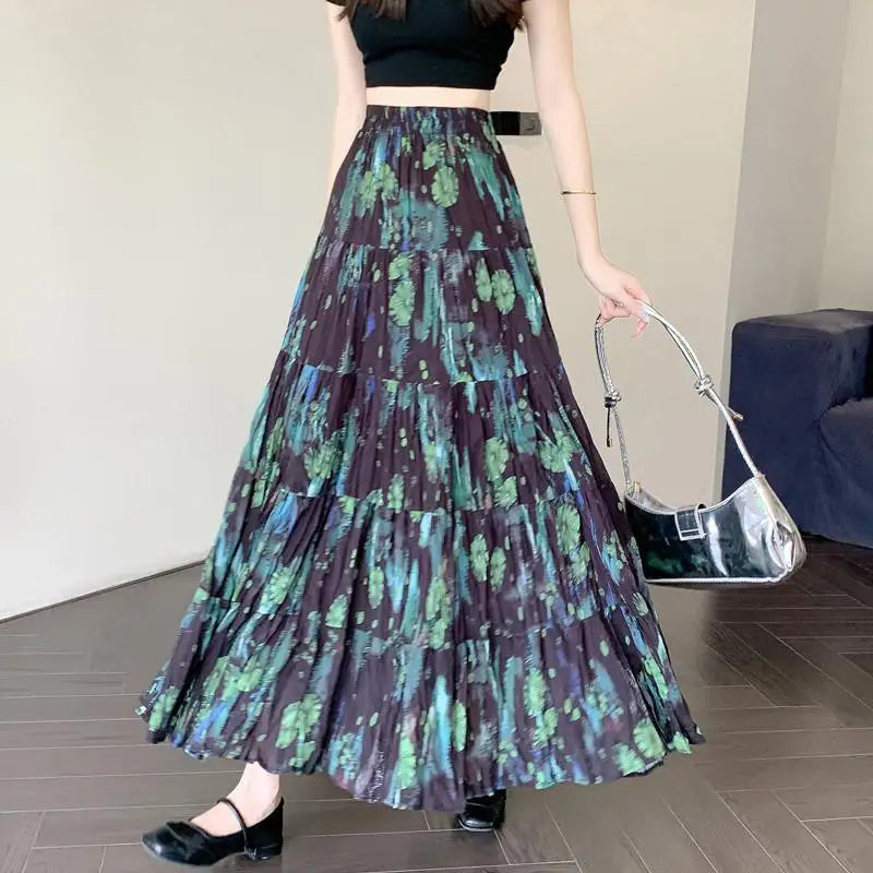 French Vintage Green Floral Ruffled High Waist Vacation Pleated Long Skirt Spring Summe Women Elegant Party Skirt Popular Trendy